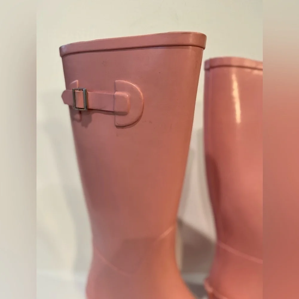 Stylish Light Pink Waterproof Knee High Rubber Rain Boots~Side Buckle Accent